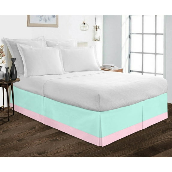 D.N.G. BEDDINGS 1 Piece Split Corner Two Tone Tailored Bed Skirt, California King Size 6 Inch Deep Pocket, 800 Thread Count, 100% Egyptian Cotton, Solid Aqua Blue/Light Pink Color.