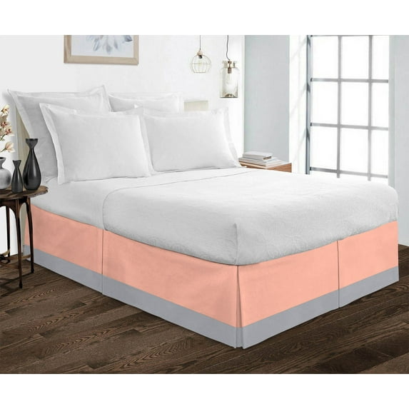 D.N.G. BEDDINGS 1 Piece Split Corner Two Tone Tailored Bed Skirt, Full Size 10 Inch Deep Pocket, 800 Thread Count, 100% Egyptian Cotton, Solid Peach/Silver Color.