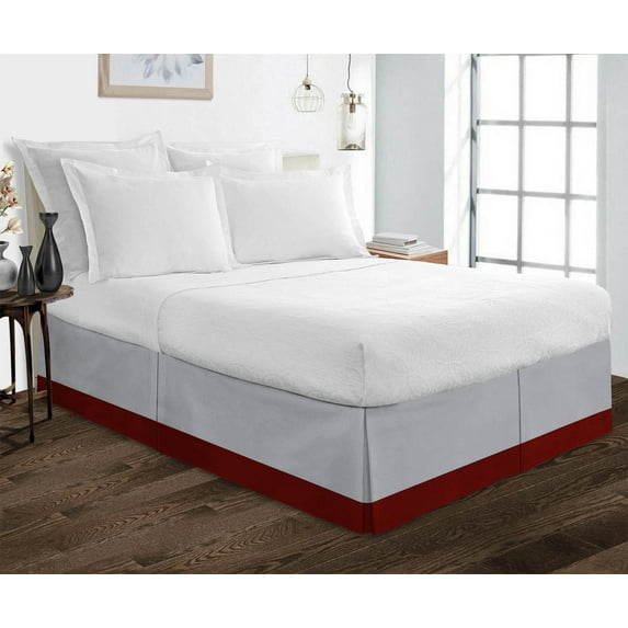 D.N.G. BEDDINGS 1 Piece Split Corner Two Tone Tailored Bed Skirt, Full Size 21 Inch Deep Pocket, 800 Thread Count, 100% Egyptian Cotton, Solid Silver/Burgundy Color.