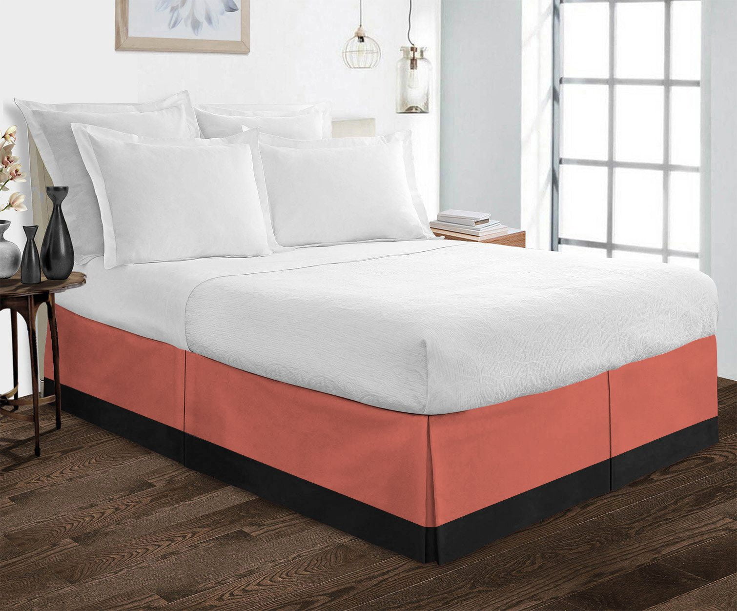 D.N.G. BEDDINGS 1 Piece Split Corner Two Tone Tailored Bed Skirt, King Size 10 Inch Deep Pocket, 800 Thread Count, 100% Egyptian Cotton, Solid Black/Brick Red Color.