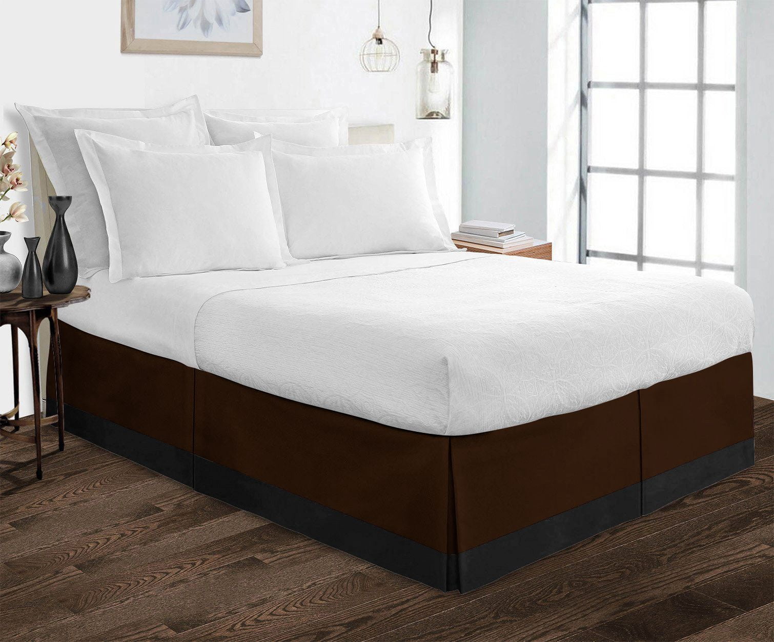 D.N.G. BEDDINGS 1 Piece Split Corner Two Tone Tailored Bed Skirt, King Size 10 Inch Deep Pocket, 800 Thread Count, 100% Egyptian Cotton, Solid Black/Chocolate Color.