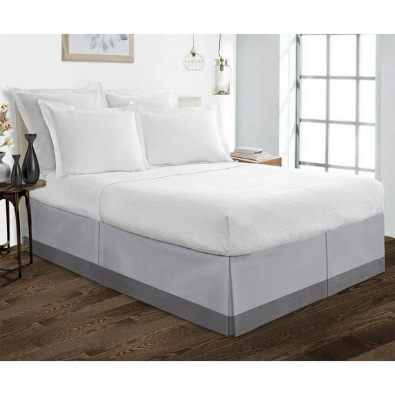 D.N.G. BEDDINGS 1 Piece Split Corner Two Tone Tailored Bed Skirt, King Size 21 Inch Deep Pocket, 800 Thread Count, 100% Egyptian Cotton, Solid Silver/Dark Grey Color.
