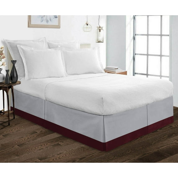 D.N.G. BEDDINGS 1 Piece Split Corner Two Tone Tailored Bed Skirt, King Size 24 Inch Deep Pocket, 800 Thread Count, 100% Egyptian Cotton, Solid Silver/Wine Color.