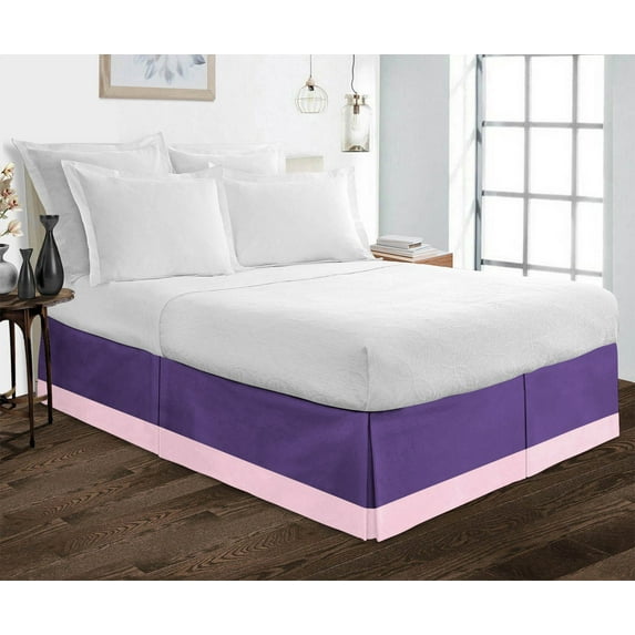 D.N.G. BEDDINGS 1 Piece Split Corner Two Tone Tailored Bed Skirt, Olympic Queen Size 21 Inch Deep Pocket, 800 Thread Count, 100% Egyptian Cotton, Solid Purple/Light Pink Color.