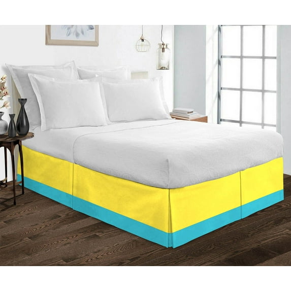 D.N.G. BEDDINGS 1 Piece Split Corner Two Tone Tailored Bed Skirt, Olympic Queen Size 26 Inch Deep Pocket, 800 Thread Count, 100% Egyptian Cotton, Solid Yellow/Turquoise Blue Color.
