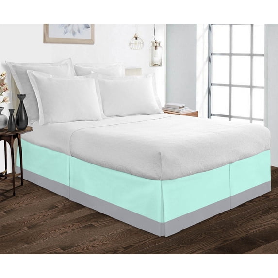 D.N.G. BEDDINGS 1 Piece Split Corner Two Tone Tailored Bed Skirt, Olympic Queen Size 6 Inch Deep Pocket, 800 Thread Count, 100% Egyptian Cotton, Solid Aqua Blue/Silver Color.