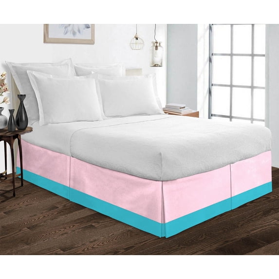 D.N.G. BEDDINGS 1 Piece Split Corner Two Tone Tailored Bed Skirt, Queen Size 12 Inch Deep Pocket, 800 Thread Count, 100% Egyptian Cotton, Solid Light Pink/Turquoise Blue Color.