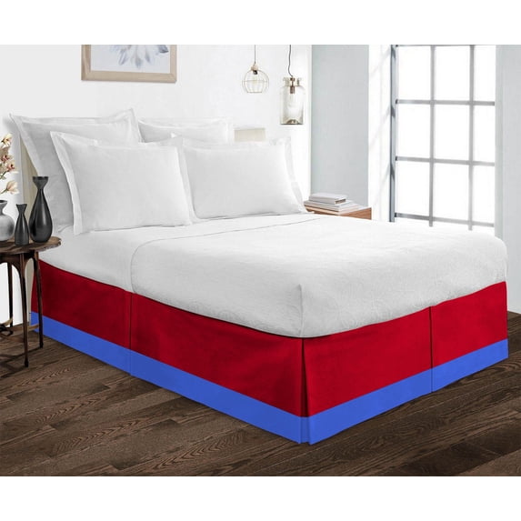 D.N.G. BEDDINGS 1 Piece Split Corner Two Tone Tailored Bed Skirt, Queen Size 12 Inch Deep Pocket, 800 Thread Count, 100% Egyptian Cotton, Solid Red/Royal Blue Color.