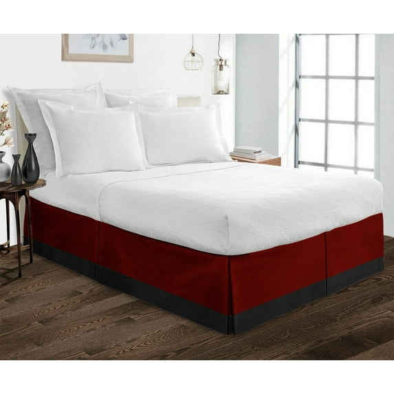 D.N.G. BEDDINGS 1 Piece Split Corner Two Tone Tailored Bed Skirt, Queen Size 15 Inch Deep Pocket, 800 Thread Count, 100% Egyptian Cotton, Solid Black/Burgundy Color.