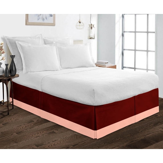 D.N.G. BEDDINGS 1 Piece Split Corner Two Tone Tailored Bed Skirt, Queen Size 6 Inch Deep Pocket, 800 Thread Count, 100% Egyptian Cotton, Solid Burgundy/Peach Color.