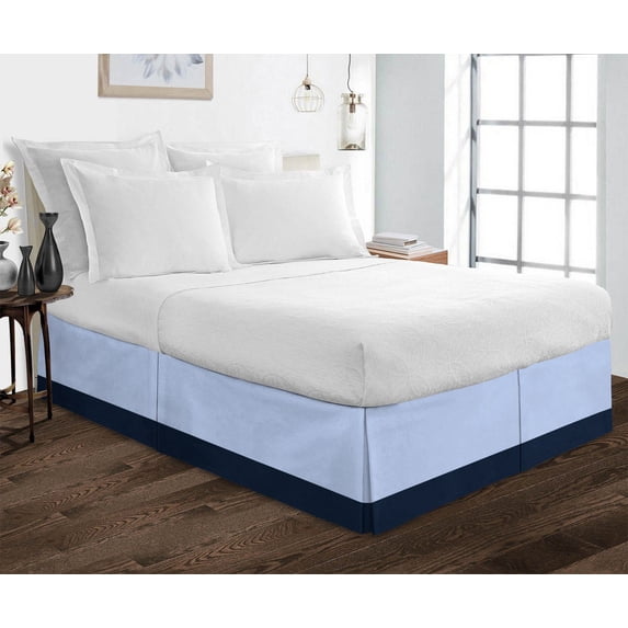 D.N.G. BEDDINGS 1 Piece Split Corner Two Tone Tailored Bed Skirt, Twin Size 12 Inch Deep Pocket, 800 Thread Count, 100% Egyptian Cotton, Solid Light Blue/Navy Color.