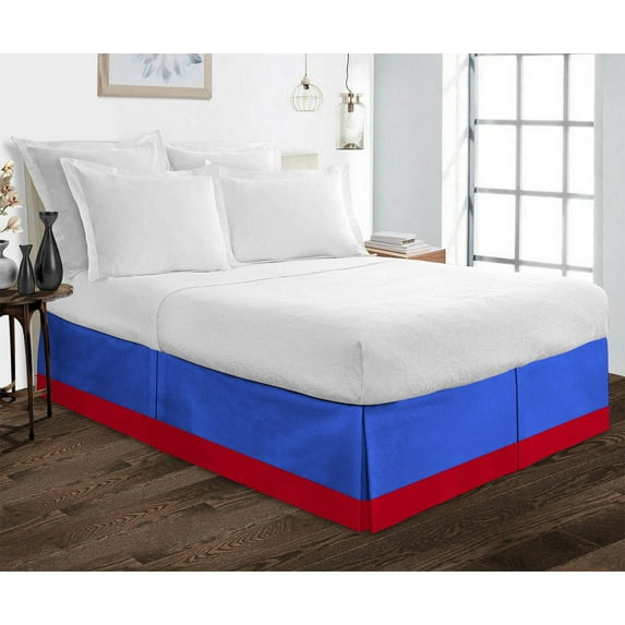 D.N.G. BEDDINGS 1 Piece Split Corner Two Tone Tailored Bed Skirt, Twin Size 21 Inch Deep Pocket, 800 Thread Count, 100% Egyptian Cotton, Solid Royal Blue/Red Color.