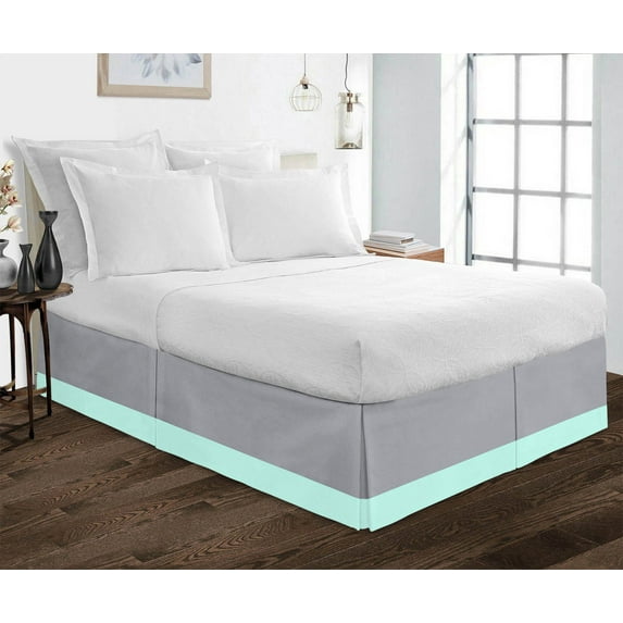 D.N.G. BEDDINGS 1 Piece Split Corner Two Tone Tailored Bed Skirt, Twin Size 24 Inch Deep Pocket, 800 Thread Count, 100% Egyptian Cotton, Solid Silver/Aqua Blue Color.