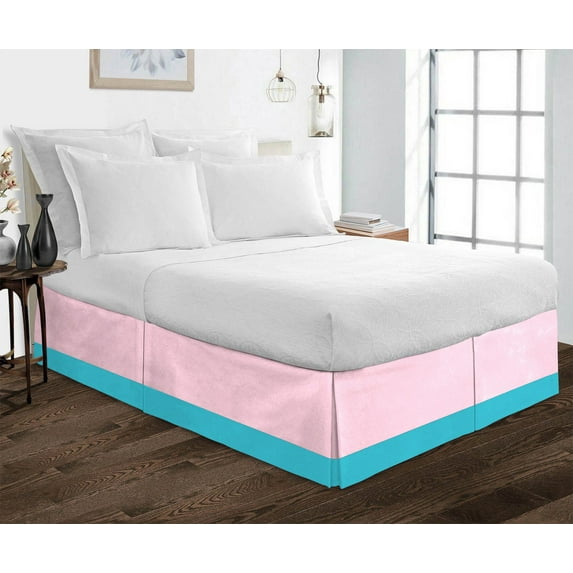 D.N.G. BEDDINGS 1 Piece Split Corner Two Tone Tailored Bed Skirt, Twin Size 6 Inch Deep Pocket, 800 Thread Count, 100% Egyptian Cotton, Solid Light Pink/Turquoise Blue Color.