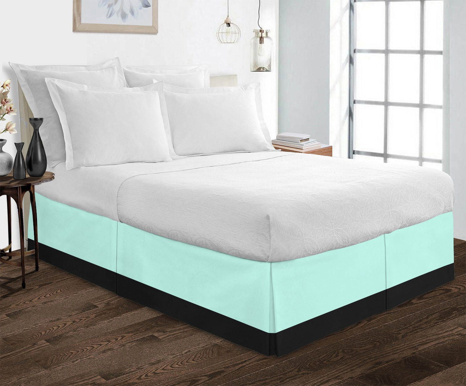 D.N.G. BEDDINGS 1 Piece Split Corner Two Tone Tailored Bed Skirt, Twin XL Size 12 Inch Deep Pocket, 800 Thread Count, 100% Egyptian Cotton, Solid Black/Aqua Blue Color.