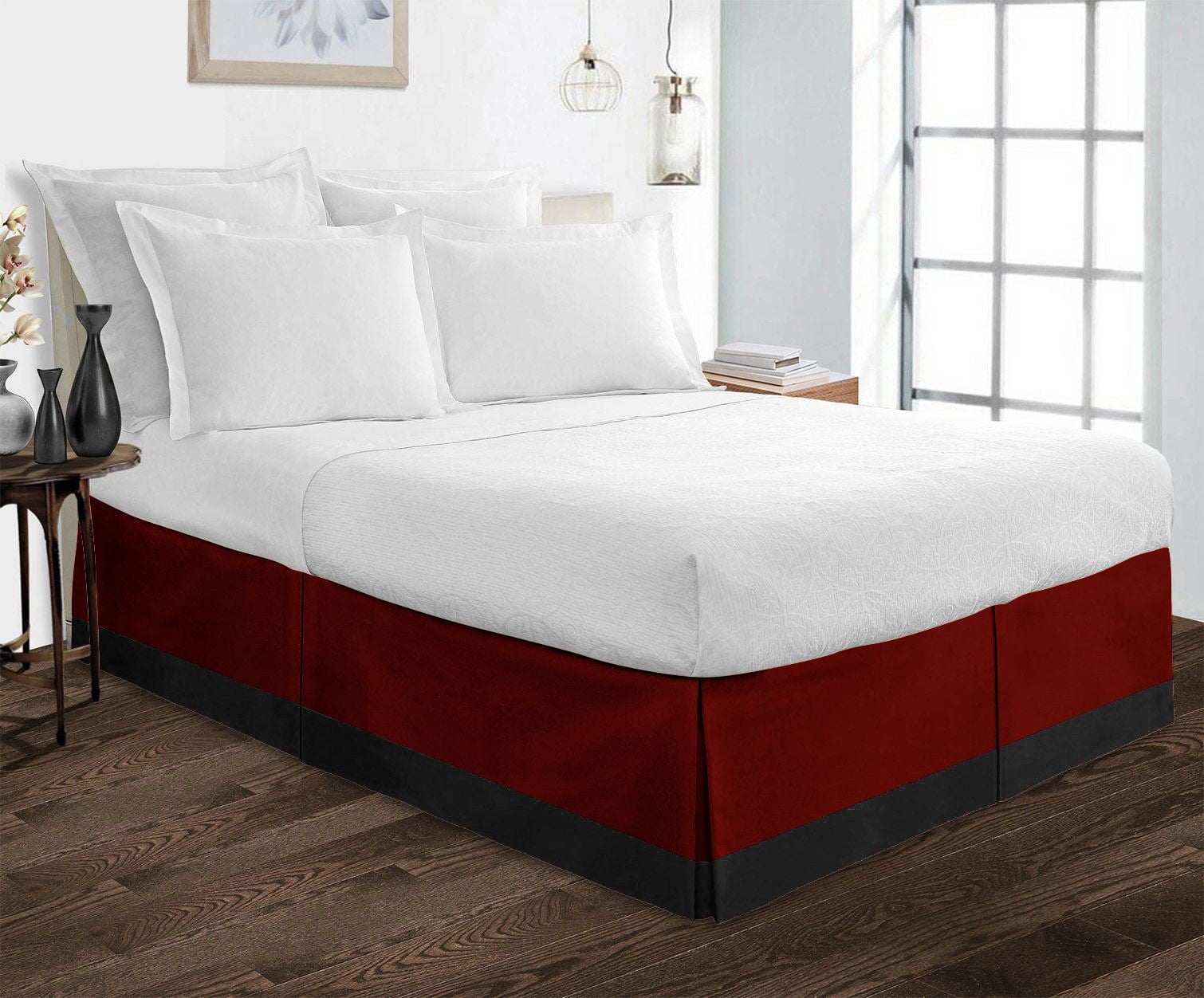 D.N.G. BEDDINGS 1 Piece Split Corner Two Tone Tailored Bed Skirt, Twin XL Size 12 Inch Deep Pocket, 800 Thread Count, 100% Egyptian Cotton, Solid Black/Burgundy Color.