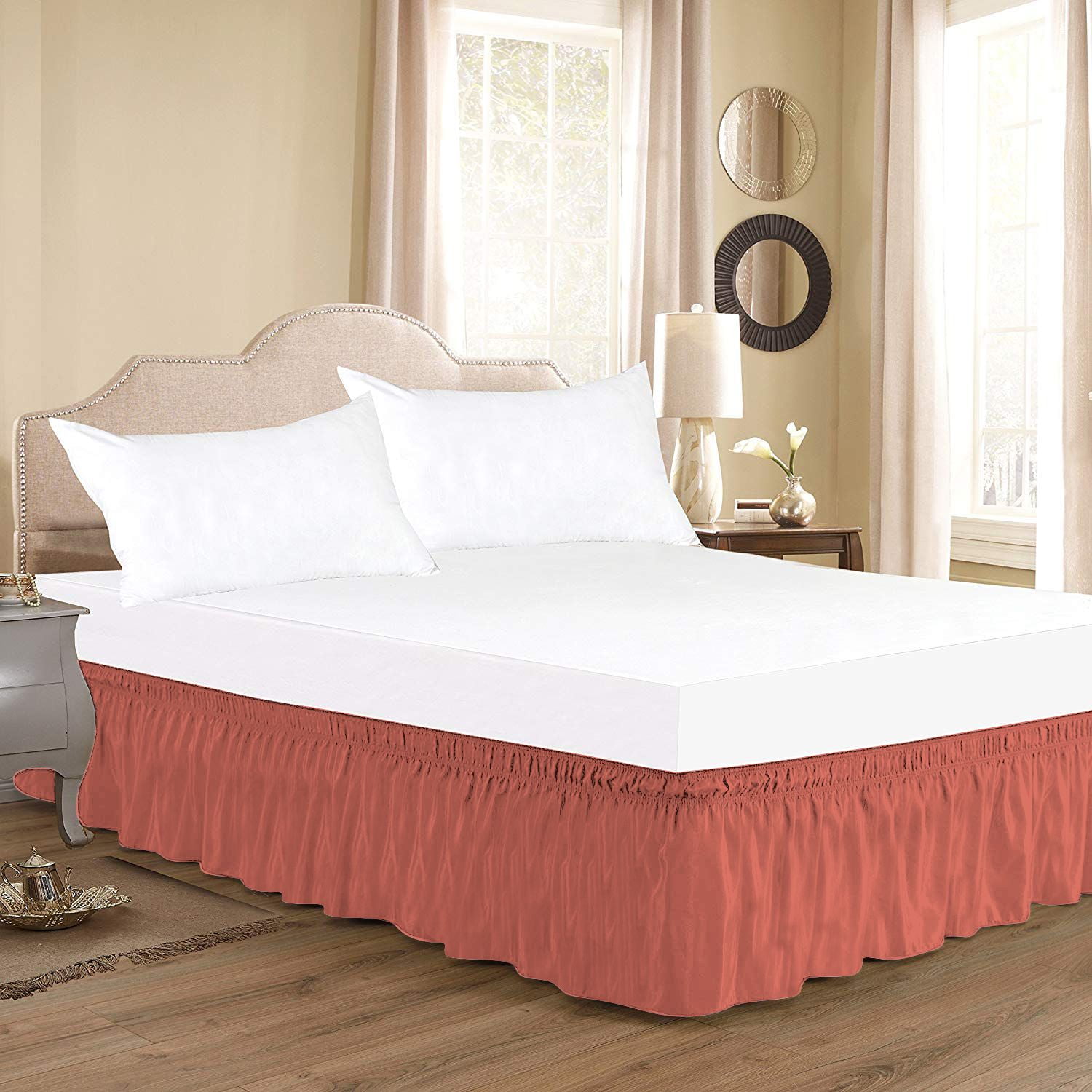D.N.G. BEDDINGS 1 Piece Wrap Around Bed Skirt, 10 Inch Deep Pocket, 800 Thread Cotton 100% Egyptian Cotton, Olympic Queen Size (66" x 80") Inch, Solid Brick Red