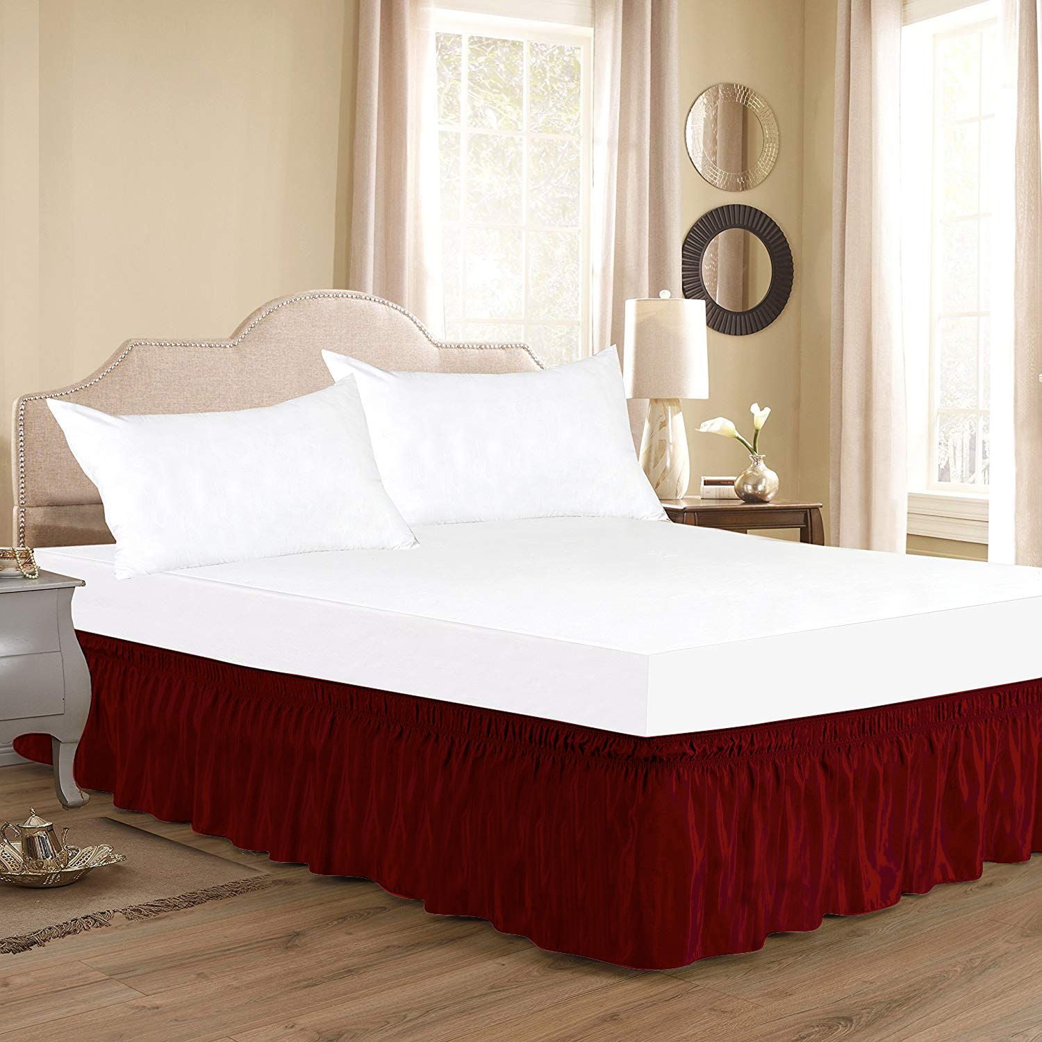 D.N.G. BEDDINGS 1 Piece Wrap Around Bed Skirt, 10 Inch Deep Pocket, 800 Thread Cotton 100% Egyptian Cotton, Queen Size (60" x 80") Inch, Solid Burgundy