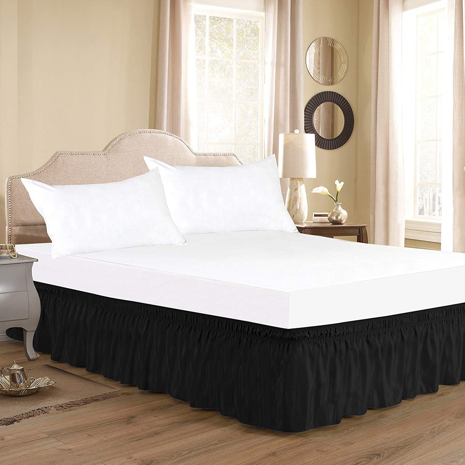 D.N.G. BEDDINGS 1 Piece Wrap Around Bed Skirt, 12 Inch Deep Pocket, 800 Thread Cotton 100% Egyptian Cotton, King Size (76" x 80") Inch, Solid Black