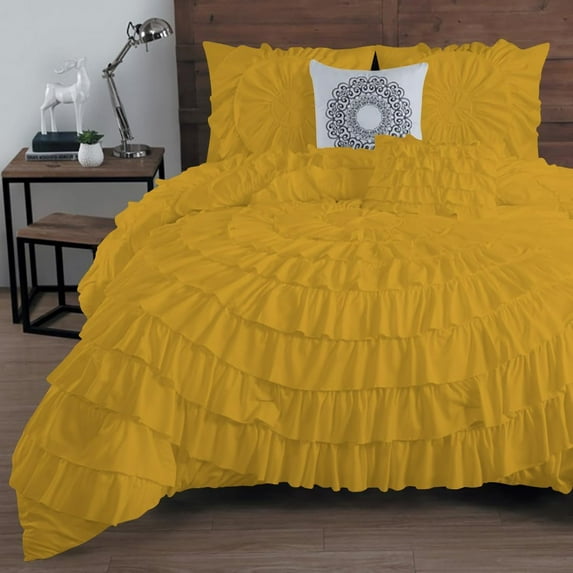 D.N.G. BEDDINGS 100% Egyptian Cotton 1 Piece Circle Ruffle Comforter with 1 Freebie Ruffle Pillow | 550 GSM Filled Microfiber - Full/Queen Size, Golden Color - 800 Thread Count