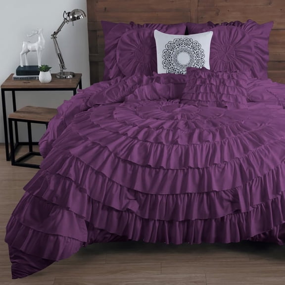 D.N.G. BEDDINGS 100% Egyptian Cotton 1 Piece Circle Ruffle Comforter with 1 Freebie Ruffle Pillow | 550 GSM Filled Microfiber - Full/Queen Size, Plum Color - 800 Thread Count