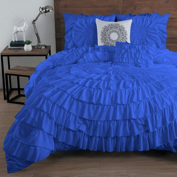 D.N.G. BEDDINGS 100% Egyptian Cotton 1 Piece Circle Ruffle Comforter with 1 Freebie Ruffle Pillow | 550 GSM Filled Microfiber - King/Cal-King Size, Royal Blue Color - 800 Thread Count