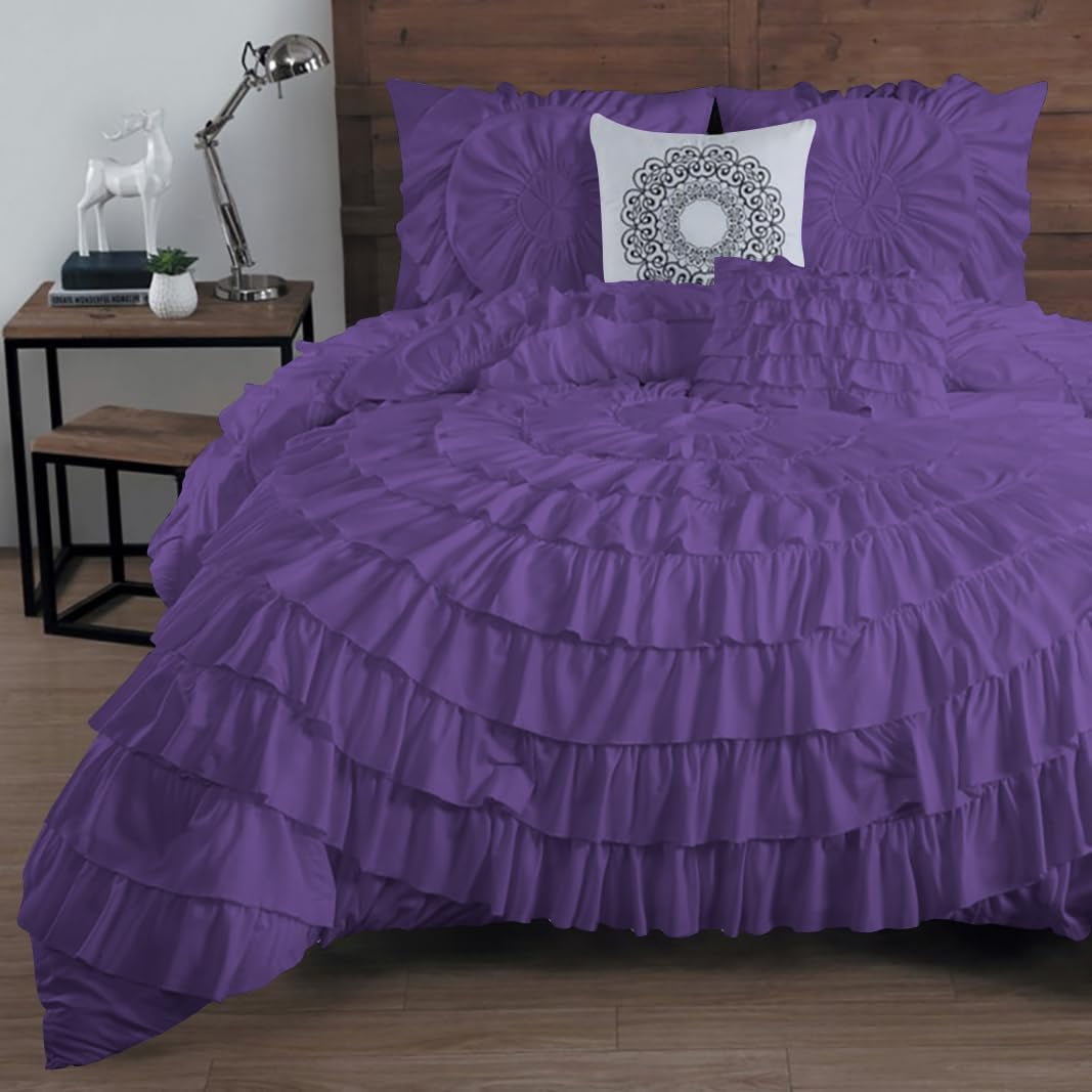 D.N.G. BEDDINGS 100% Egyptian Cotton 1 Piece Circle Ruffle Comforter with 1 Freebie Ruffle Pillow | 550 GSM Filled Microfiber - Oversized Super King Size, Purple Color - 800 Thread Count