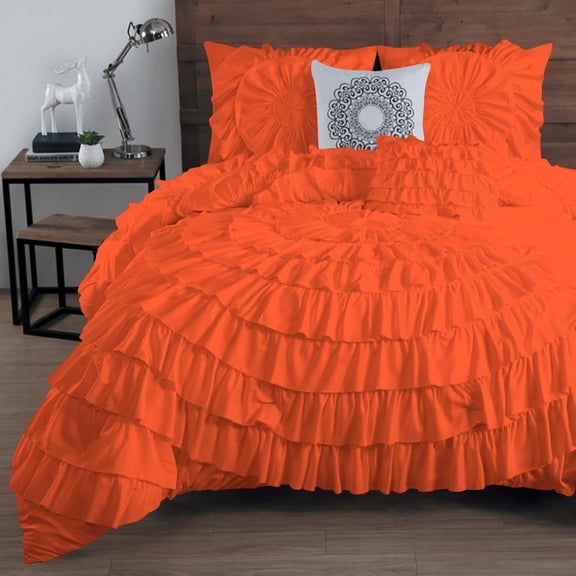 D.N.G. BEDDINGS 100% Egyptian Cotton 3 Piece Circle Ruffle Comforter Set with 1 Freebie Ruffle Pillow | 550 GSM Filled Microfiber - Full/Queen Size, Orange Color - 800 Thread Count