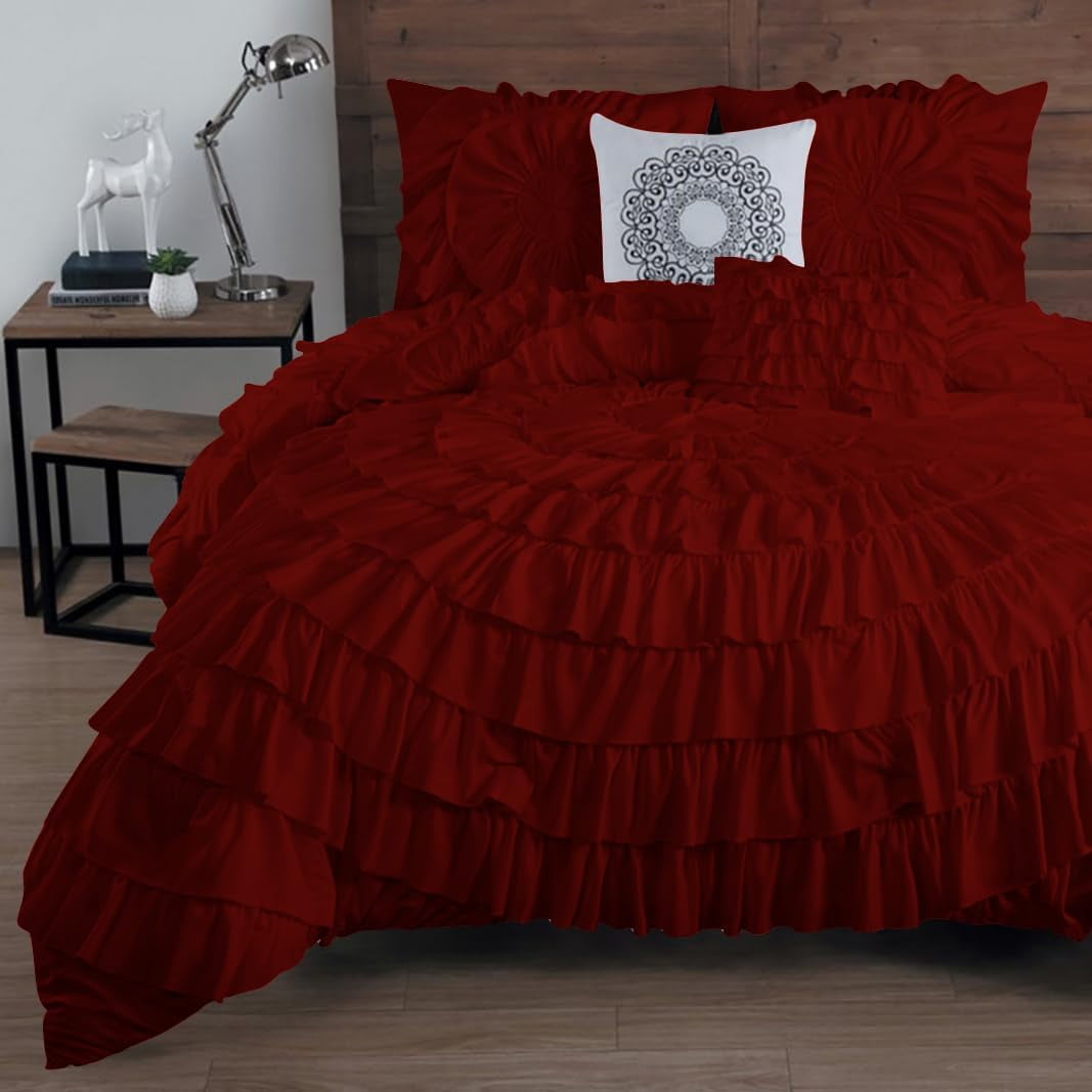 D.N.G. BEDDINGS 100% Egyptian Cotton 3 Piece Circle Ruffle Comforter Set with 1 Freebie Ruffle Pillow | 550 GSM Filled Microfiber - King/Cal-King Size, Burgundy Color - 800 Thread Count
