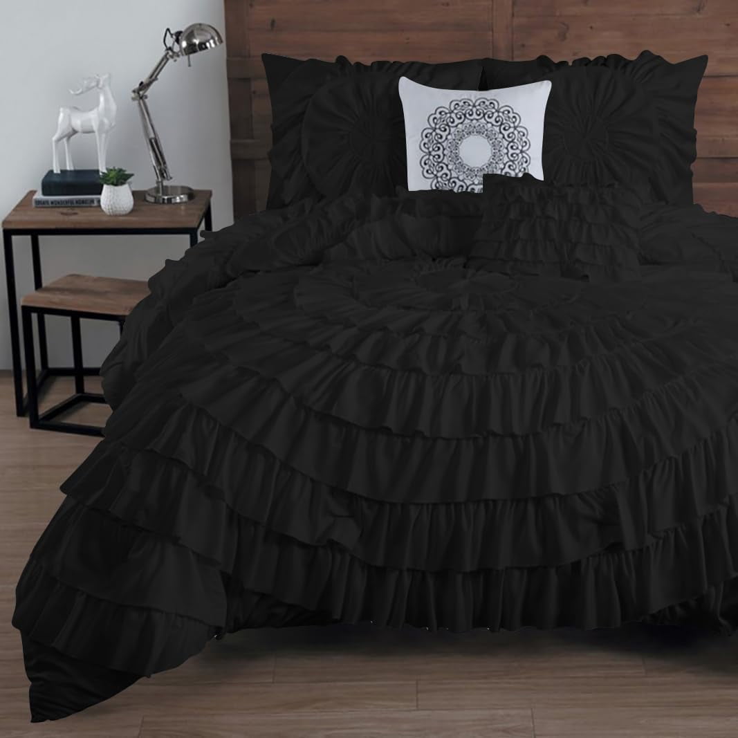 D.N.G. BEDDINGS 100% Egyptian Cotton 3 Piece Circle Ruffle Comforter Set with 1 Freebie Ruffle Pillow | 550 GSM Filled Microfiber - Oversized Super King Size, Black Color - 800 Thread Count
