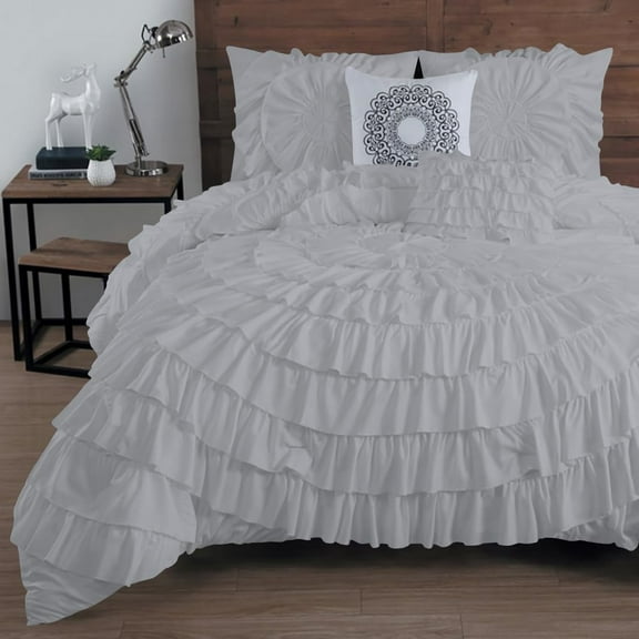 D.N.G. BEDDINGS 100% Egyptian Cotton 3 Piece Circle Ruffle Comforter Set with 1 Freebie Ruffle Pillow | 550 GSM Filled Microfiber - Oversized Super King Size, Silver Color - 800 Thread Count