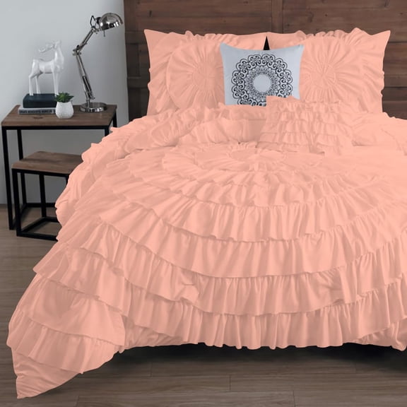 D.N.G. BEDDINGS 100% Egyptian Cotton 3 Piece Circle Ruffle Comforter Set with 1 Freebie Ruffle Pillow | 550 GSM Filled Microfiber - Super King Size, Peach Color - 800 Thread Count
