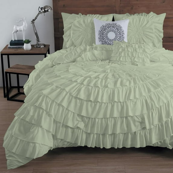 D.N.G. BEDDINGS 100% Egyptian Cotton 5 Piece Circle Ruffle Comforter Set with 1 Freebie Ruffle Pillow | 550 GSM Filled Microfiber - Full/Queen Size, Light Sage Color - 800 Thread Count