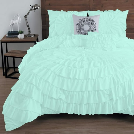 D.N.G. BEDDINGS 100% Egyptian Cotton 5 Piece Circle Ruffle Comforter Set with 1 Freebie Ruffle Pillow | 550 GSM Filled Microfiber - Oversized Super King Size, Aqua Blue Color - 800 Thread Count