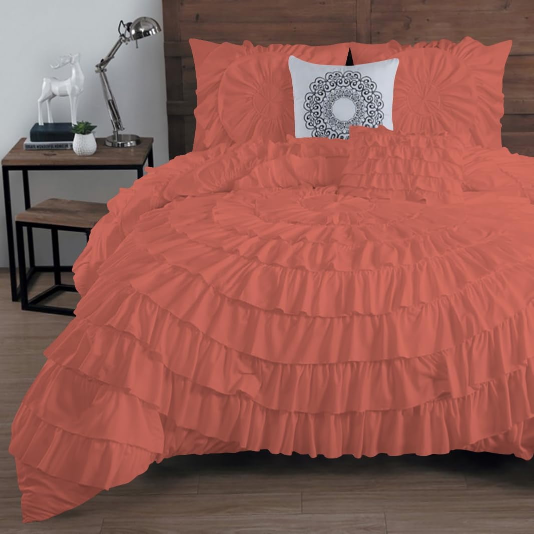 D.N.G. BEDDINGS 100% Egyptian Cotton 5 Piece Circle Ruffle Comforter Set with 1 Freebie Ruffle Pillow | 550 GSM Filled Microfiber - Super King Size, Brick Red Color - 800 Thread Count