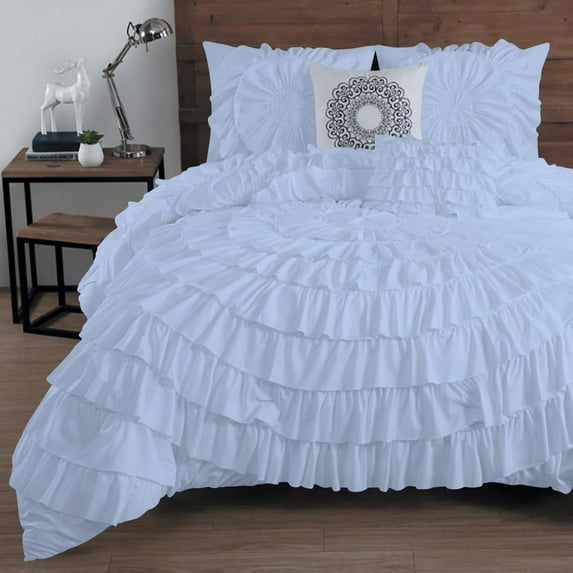 D.N.G. BEDDINGS 100% Egyptian Cotton 5 Piece Circle Ruffle Comforter Set with 1 Freebie Ruffle Pillow | 550 GSM Filled Microfiber - Super King Size, Light Blue Color - 800 Thread Count