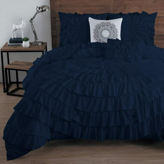 D.N.G. BEDDINGS 100% Egyptian Cotton 5 Piece Circle Ruffle Comforter Set with 1 Freebie Ruffle Pillow | 550 GSM Filled Microfiber - Twin/TwinXL Size, Navy Color - 800 Thread Count