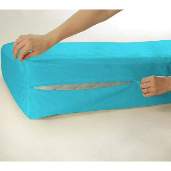 D.N.G. BEDDINGS 100% Egyptian Cotton, Zipper Mattress Cover, 800 Thread Counts, 8 Inch Deep Pocket, King Size, Solid Turquoise Blue Color, Zipper around the mattress