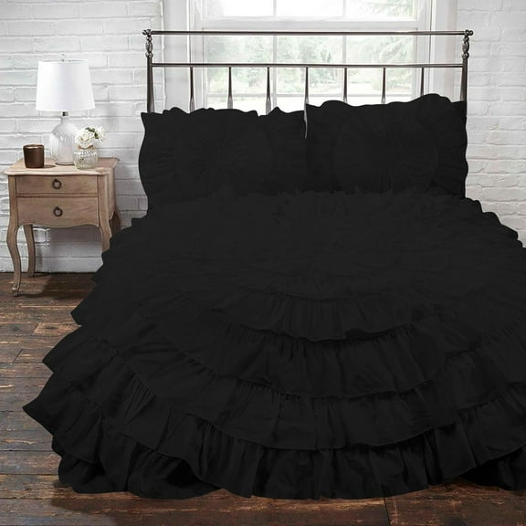 D.N.G. BEDDINGS 3 Piece 100% Egyptian Cotton Circle Ruffle Comforter Set, 550 GSM Filled Microfiber - Full/Queen Size, Black Color - 800 Thread Count