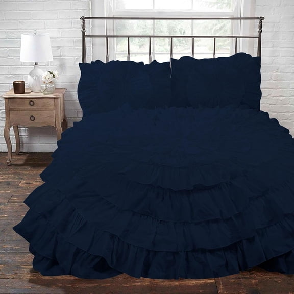 D.N.G. BEDDINGS 3 Piece 100% Egyptian Cotton Circle Ruffle Comforter Set, 550 GSM Filled Microfiber - Full/Queen Size, Navy Color - 800 Thread Count