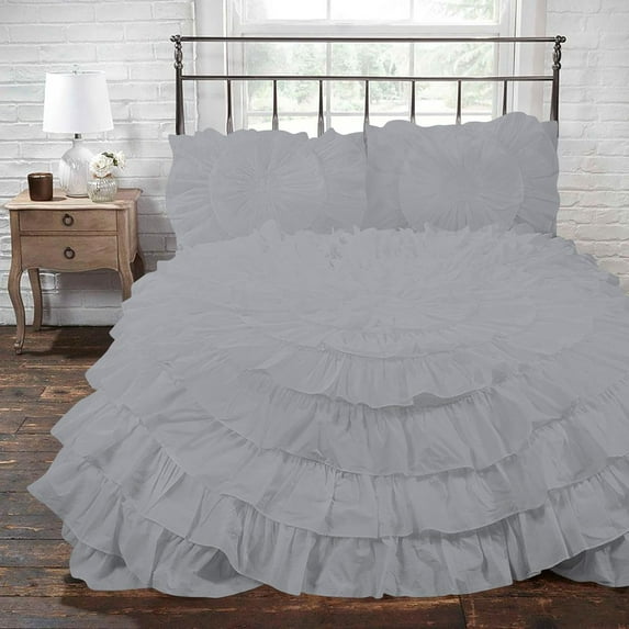 D.N.G. BEDDINGS 3 Piece 100% Egyptian Cotton Circle Ruffle Comforter Set, 550 GSM Filled Microfiber - Full/Queen Size, Silver Color - 800 Thread Count