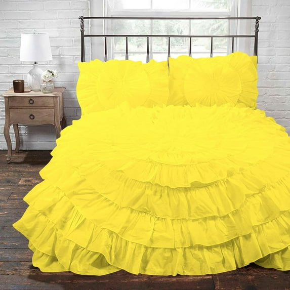 D.N.G. BEDDINGS 3 Piece 100% Egyptian Cotton Circle Ruffle Comforter Set, 550 GSM Filled Microfiber - King/Cal-King Size, Yellow Color - 800 Thread Count