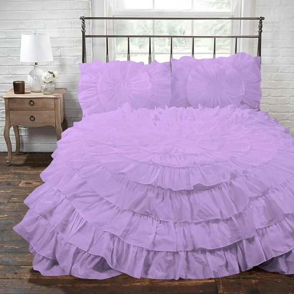 D.N.G. BEDDINGS 3 Piece 100% Egyptian Cotton Circle Ruffle Comforter Set, 550 GSM Filled Microfiber - Oversized Super King Size, Lilac Color - 800 Thread Count