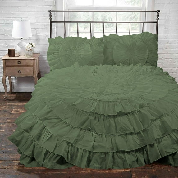D.N.G. BEDDINGS 3 Piece 100% Egyptian Cotton Circle Ruffle Comforter Set, 550 GSM Filled Microfiber - Super King Size, Moss Color - 800 Thread Count
