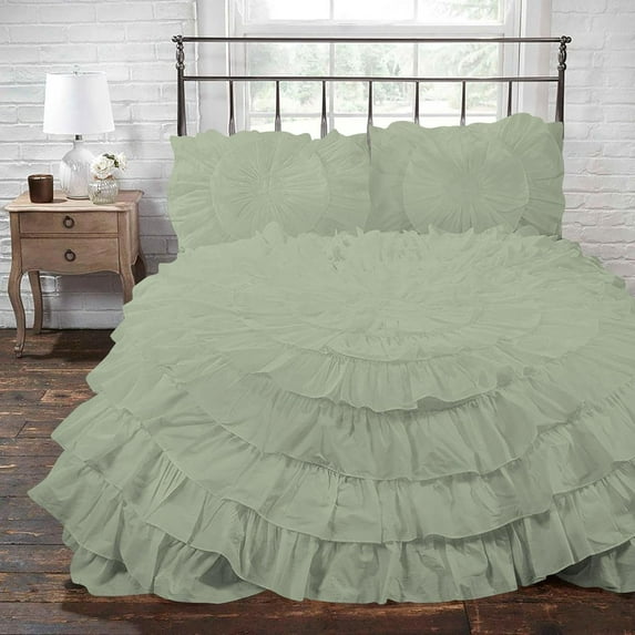 D.N.G. BEDDINGS 3 Piece 100% Egyptian Cotton Circle Ruffle Comforter Set, 550 GSM Filled Microfiber - Twin/TwinXL Size, Light Sage Color - 800 Thread Count
