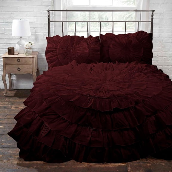 D.N.G. BEDDINGS 3 Piece 100% Egyptian Cotton Circle Ruffle Comforter Set, 550 GSM Filled Microfiber - Twin/TwinXL Size, Wine Color - 800 Thread Count