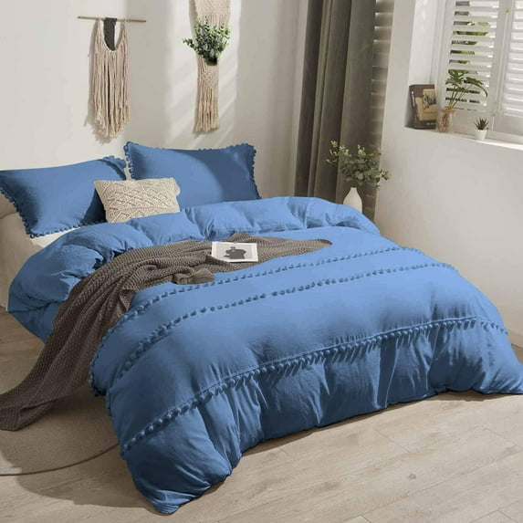 D.N.G. BEDDINGS 3 Piece Boho Chic Pom Pom Comforter, All Season Down Alternative Bedding Comforter with 2 Pillow Shams (Twin/Twin XL Size, Medium Blue) 800 Thread Count, Egyptian Cotton.