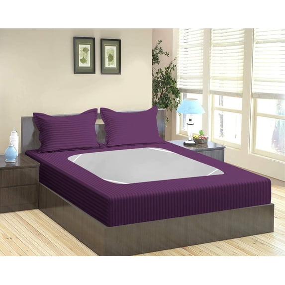 D.N.G. BEDDINGS 3 Piece Box Spring Cover - 100% Egyptian Cotton, 800 TC, Wrap Around 4 Sides Bed Skirt for Hotel & Home, Fits Box Springs up to 12 Inch - King, Stripe Plum Color