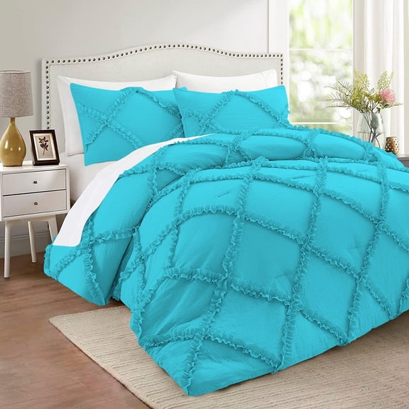 D.N.G. BEDDINGS 3 Piece Luxurious Diamond Ruffle Comforter Set Super Soft, All Season Pintuck 1000 TC 100% Egyptian Cotton Super Soft Super King Size Turquoise Blue Color