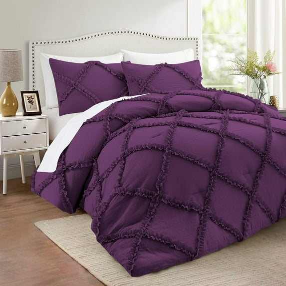 D.N.G. BEDDINGS 3 Piece Luxurious Diamond Ruffle Comforter Set Super Soft, All Season Pintuck 800 Thread Count, 100% Egyptian Cotton, King/California King Size Plum Color